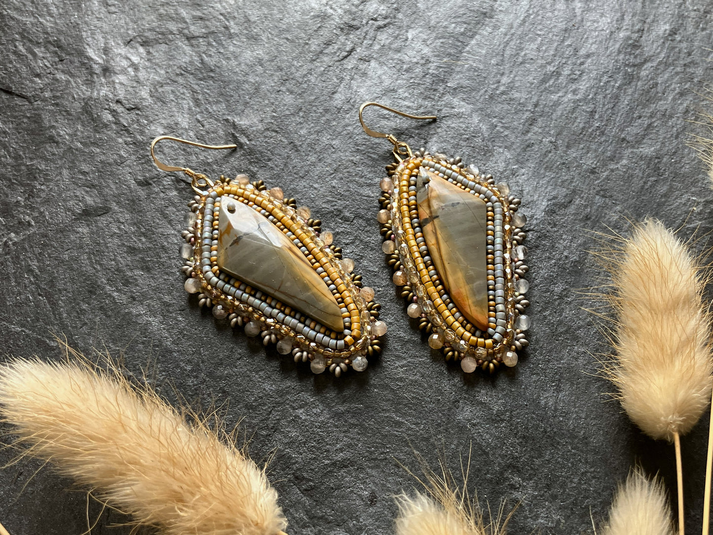 Dangle earrings "Raquel" with jasper - mustard yellow & light grey
