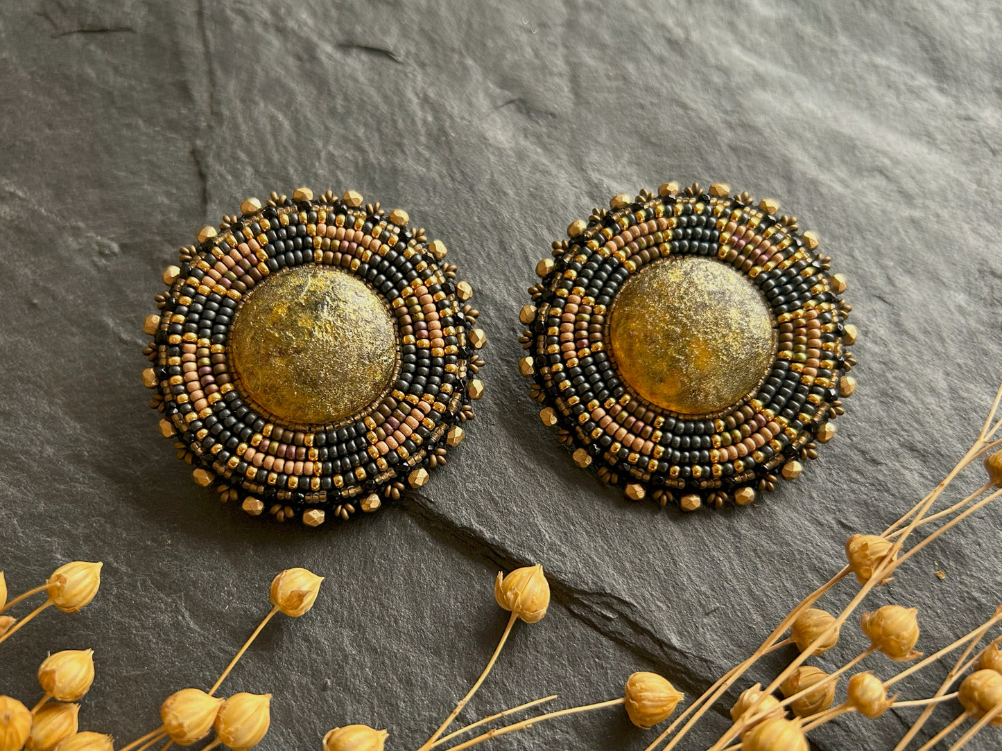Scheiben-Ohrringe "Afonso" mit geätztem Glas - Bronze