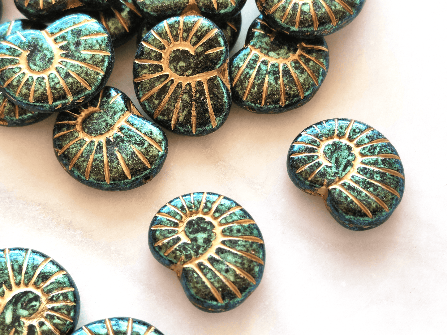 Snail shell beads 17x13mm - dark green & gold