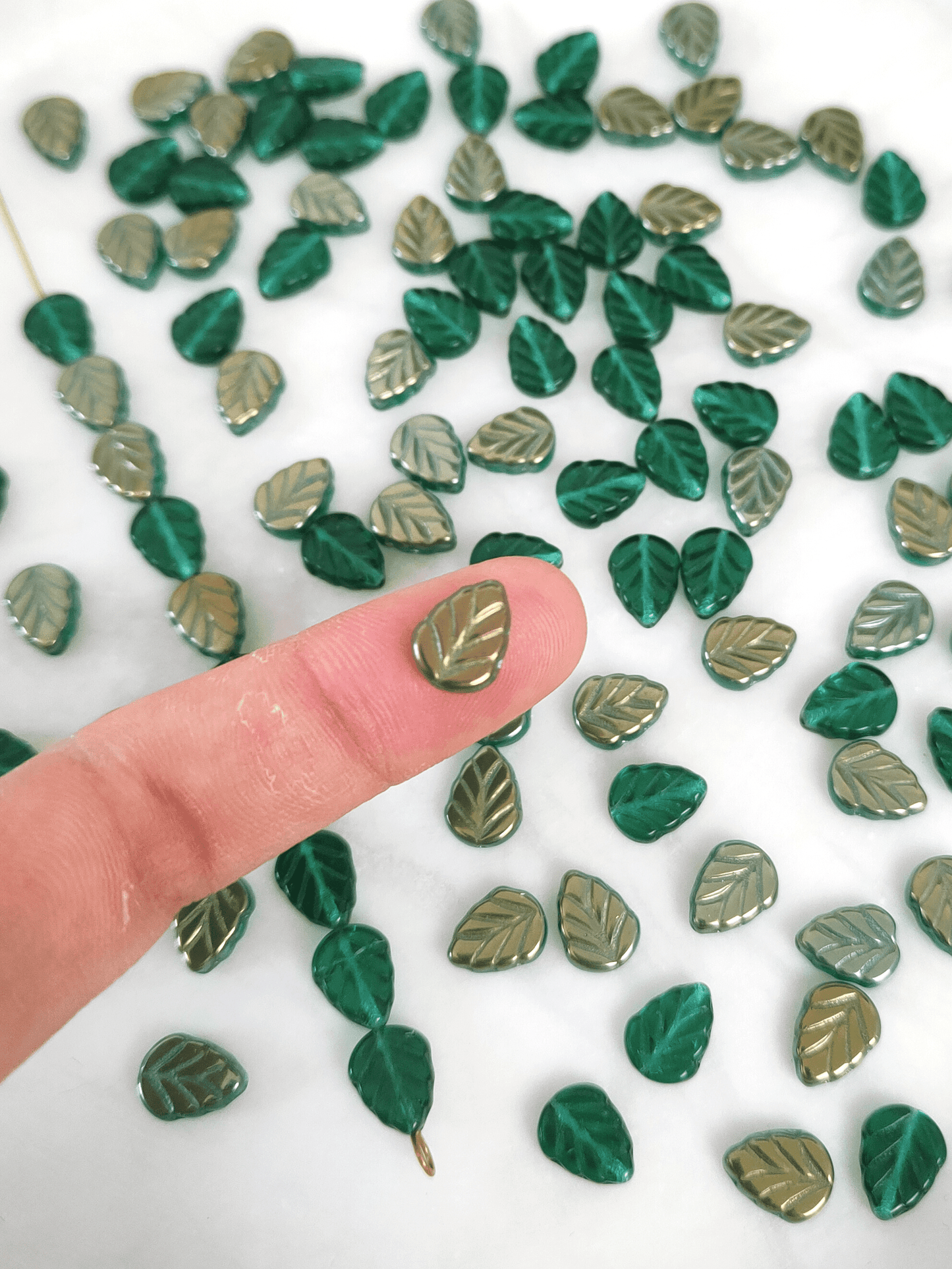 Mint leaf beads 10mm - forest green & gunmetal