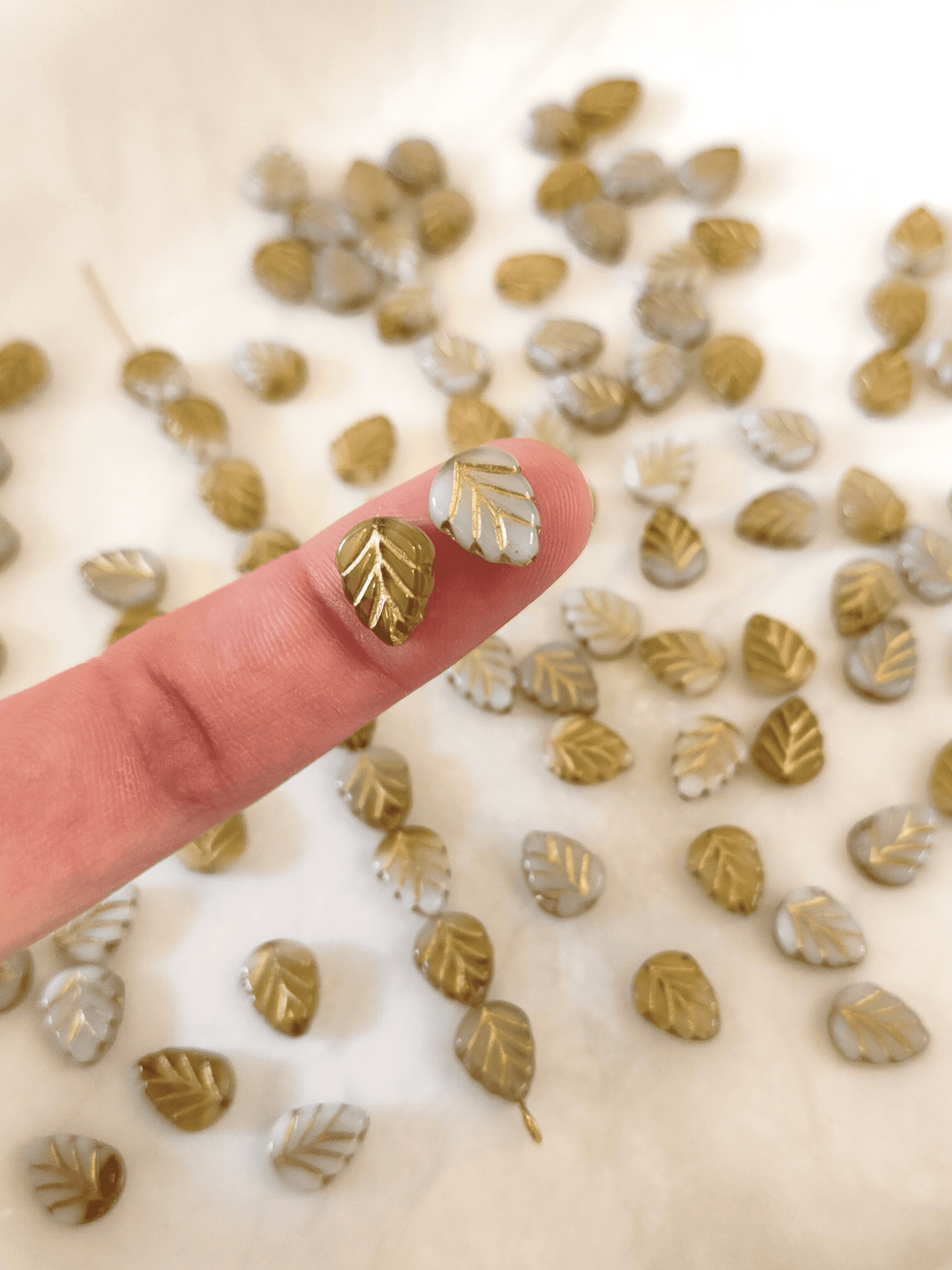 Mint leaf beads 10mm - white, light green & gold