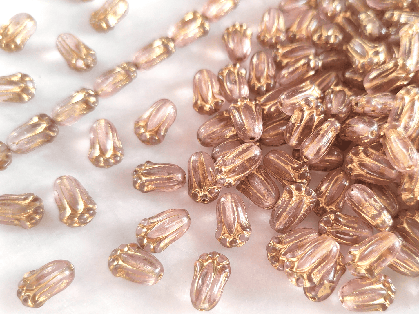 Tulip beads 12x8mm - pastel pink & gold