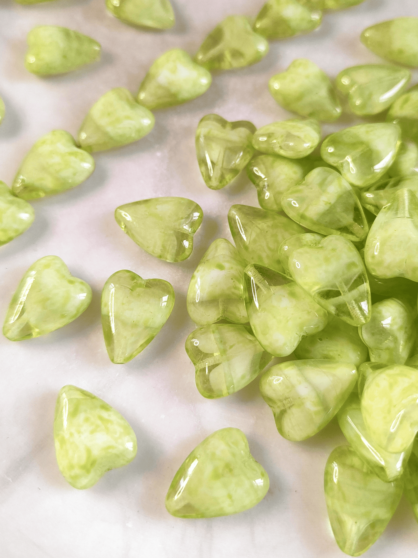 Love heart beads 16x13mm - white & light green