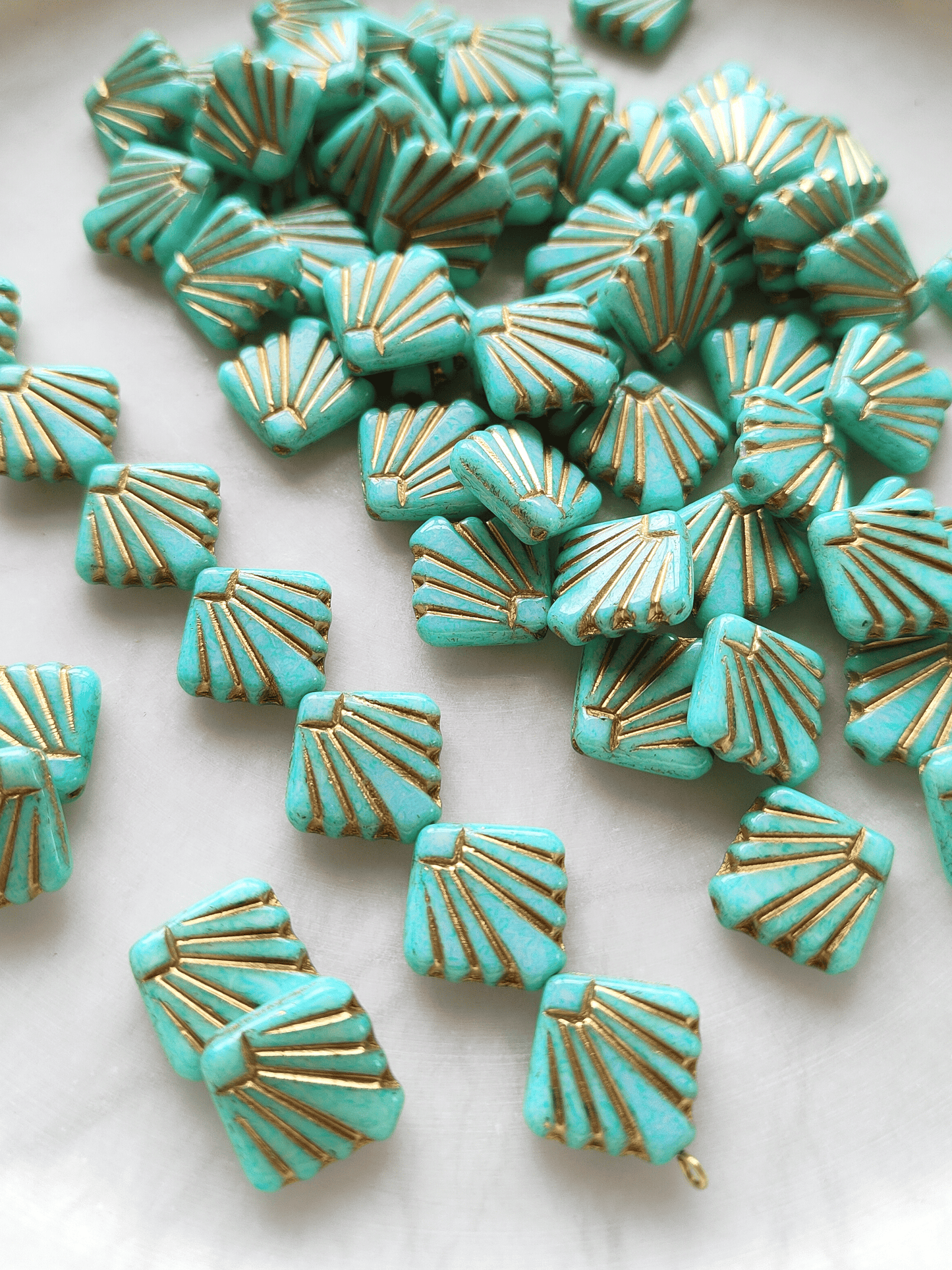 Fan ornament beads 17mm - turquoise & gold