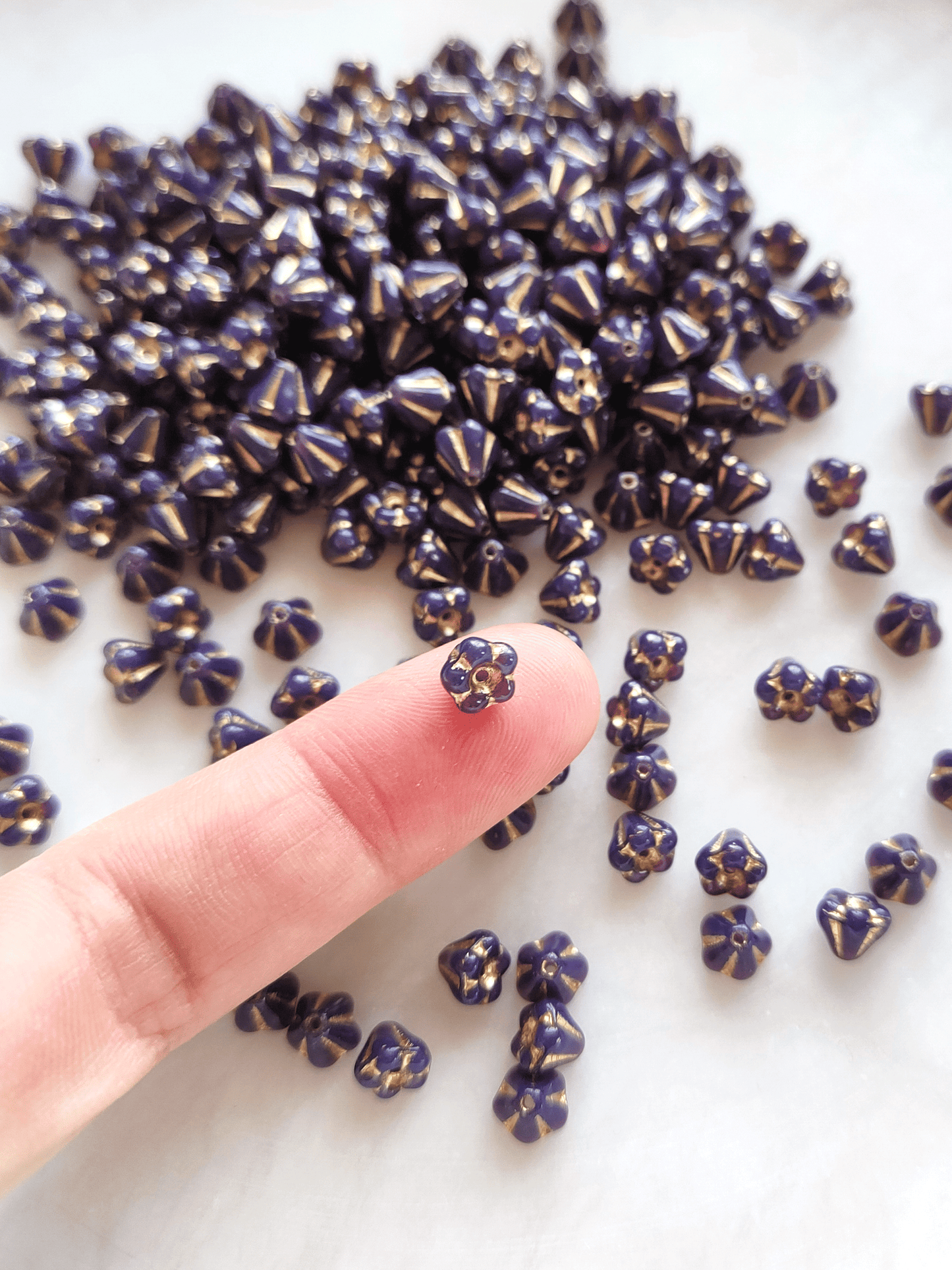 Bell flower beads 4x6mm - dark purple & gold