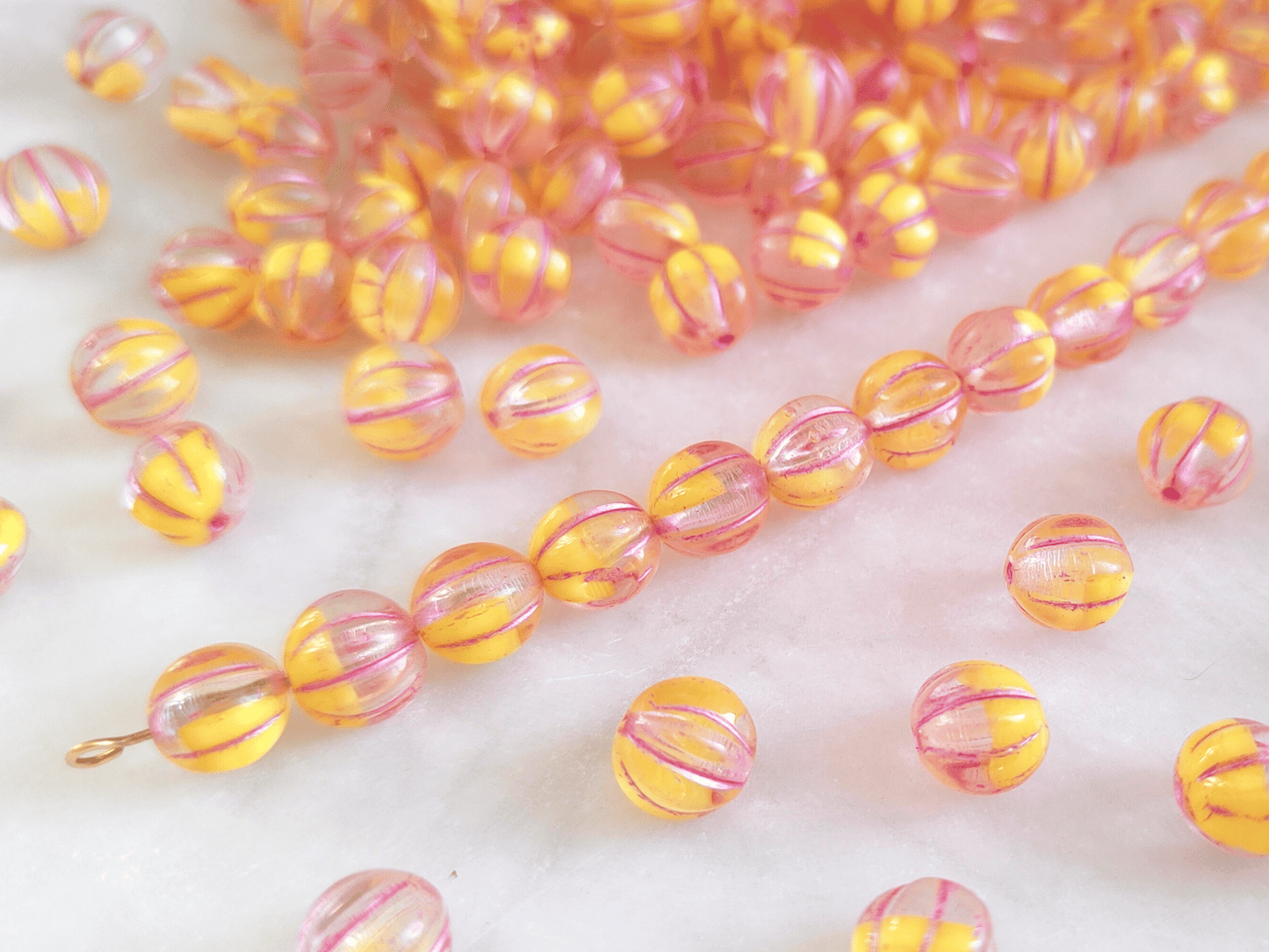 Melon beads 8mm - colorless, yellow & pink