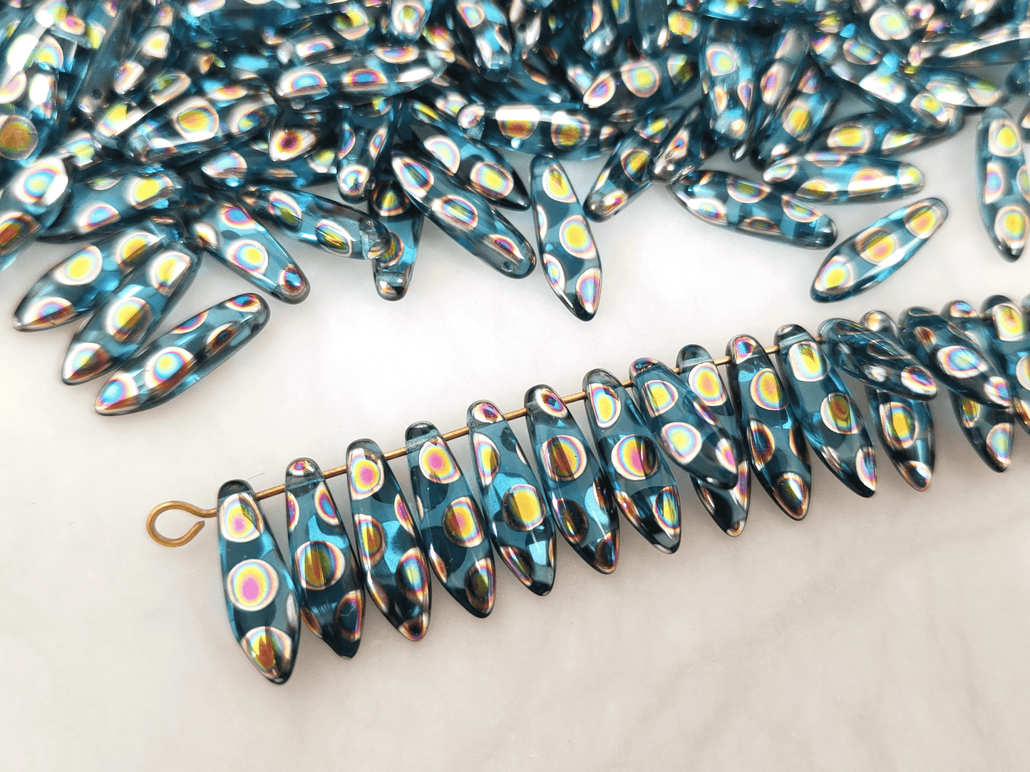 Dagger beads 5x16mm - turquoise & rainbow dots