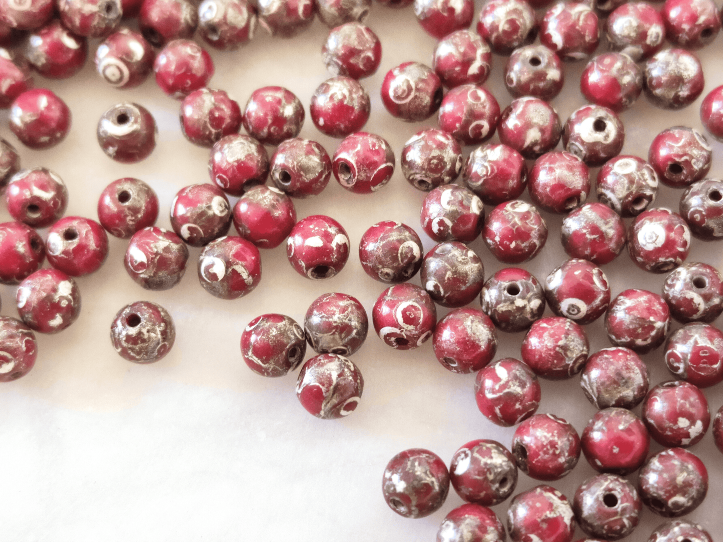 4mm round beads - dark red & silver Picasso