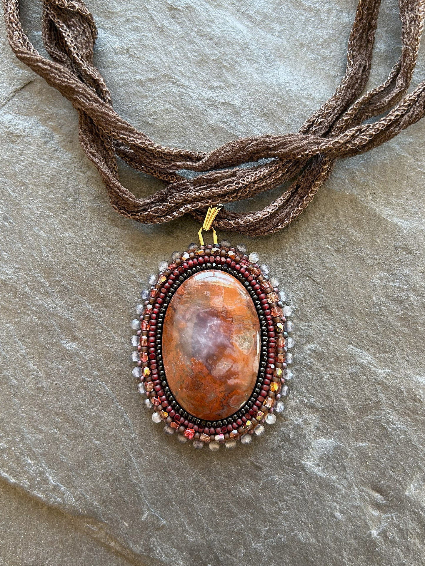 Brecciated jasper necklace pendant with water sapphire beads
