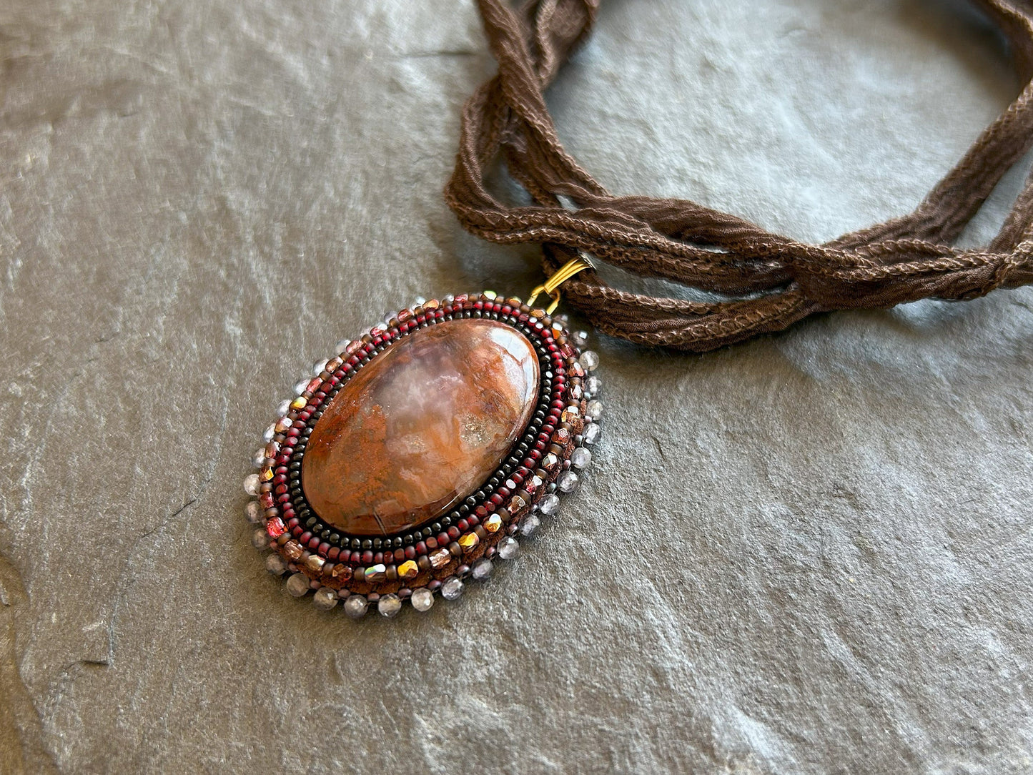 Brecciated jasper necklace pendant with water sapphire beads