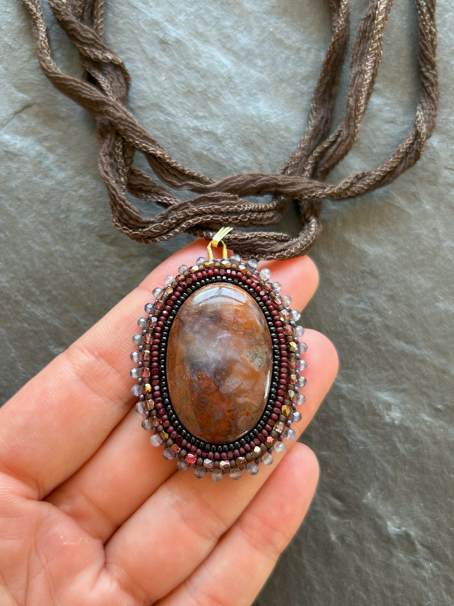 Brecciated jasper necklace pendant with water sapphire beads