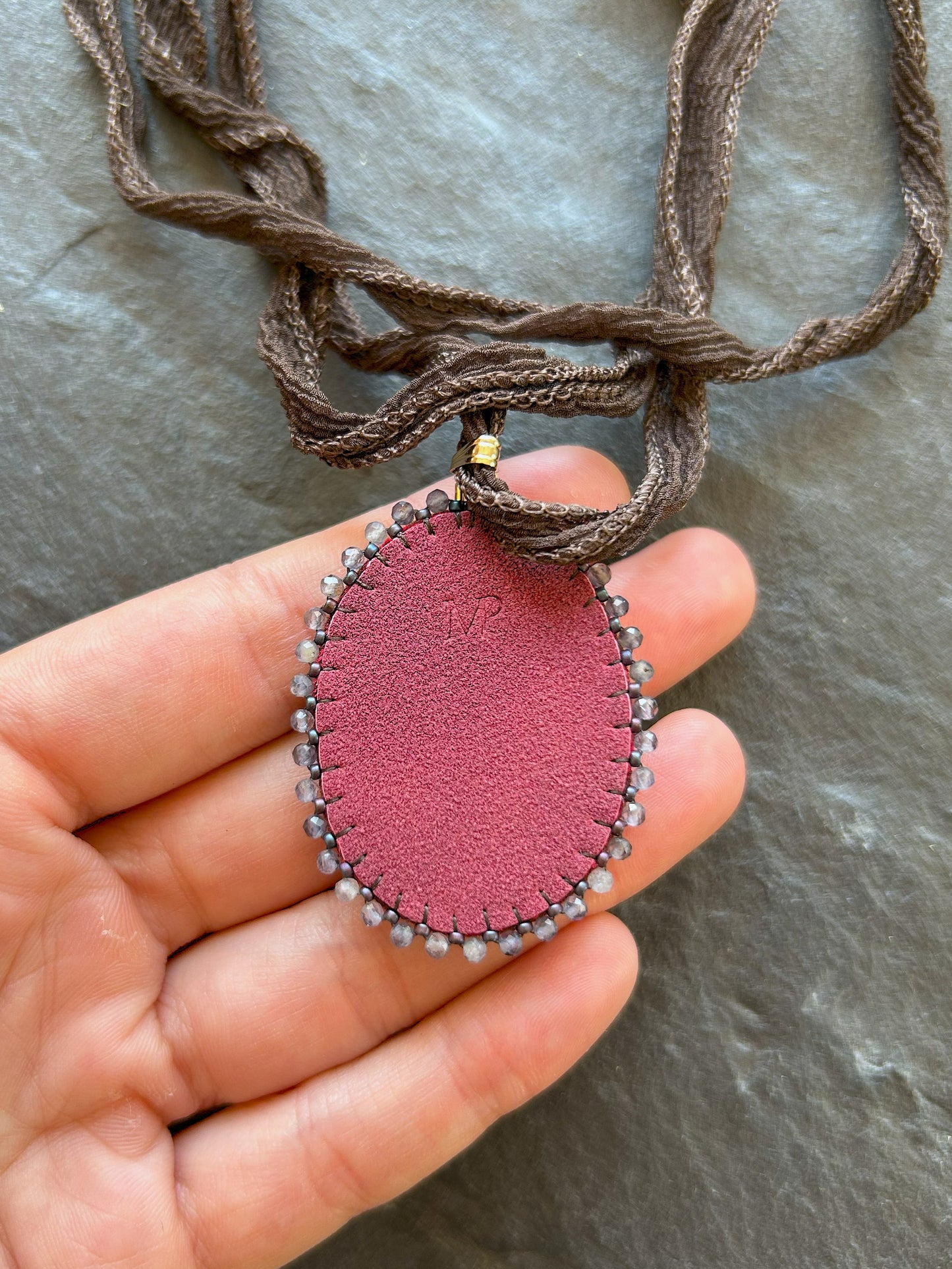 Brecciated jasper necklace pendant with water sapphire beads