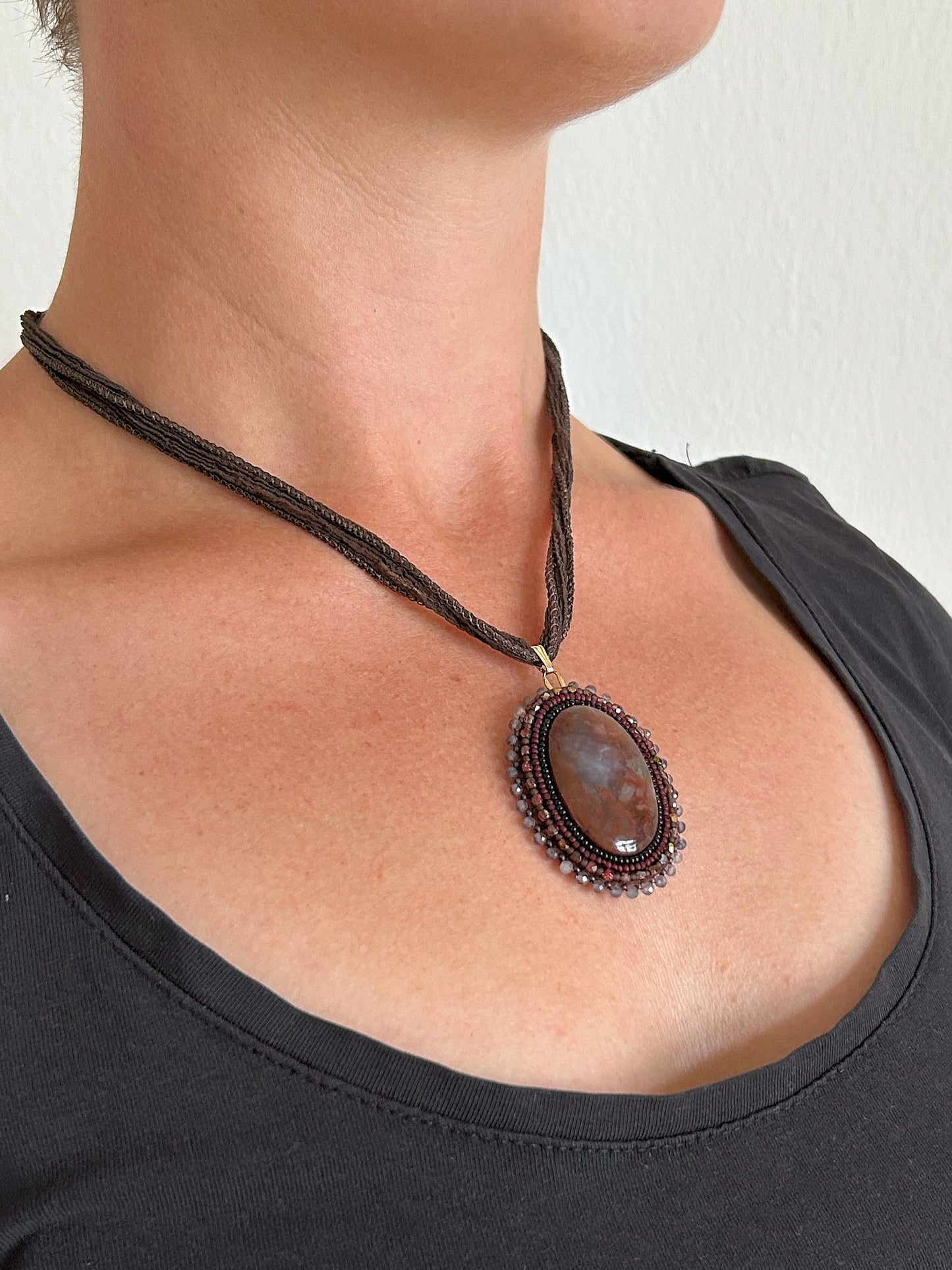 Brecciated jasper necklace pendant with water sapphire beads