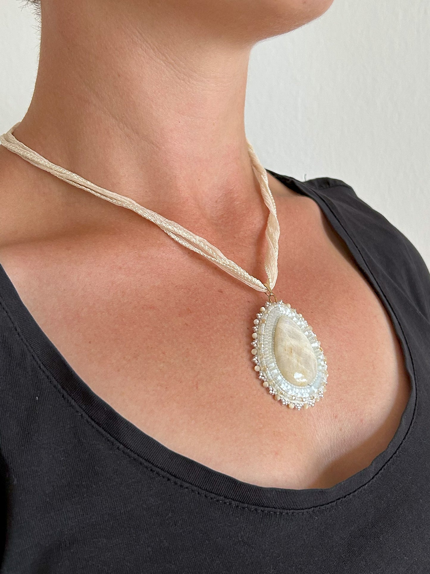 Moonstone necklace pendant with mother of pearl beads