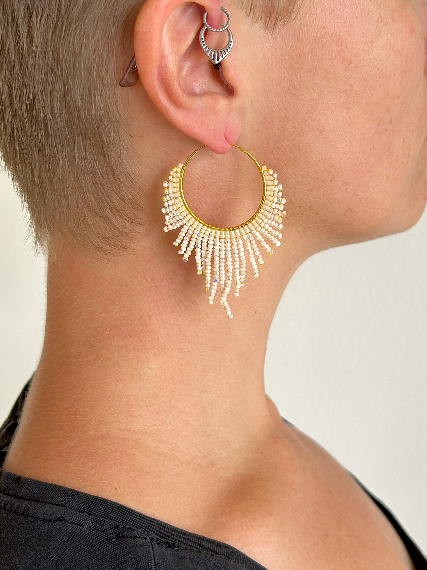 Golden hoop earrings "Celeste" - cream