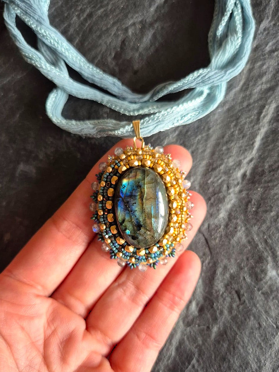 Bead Embroidery Necklace With Labradorite Custom-made Labradorite