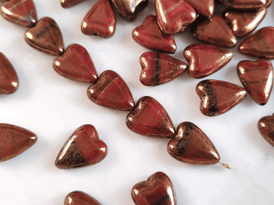 Love heart beads 16x13mm - red, black & bronze