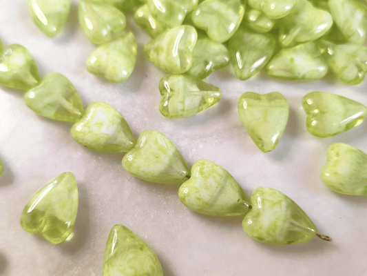 Love heart beads 16x13mm - white & light green