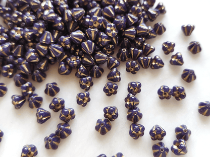 Bell flower beads 4x6mm - dark purple & gold