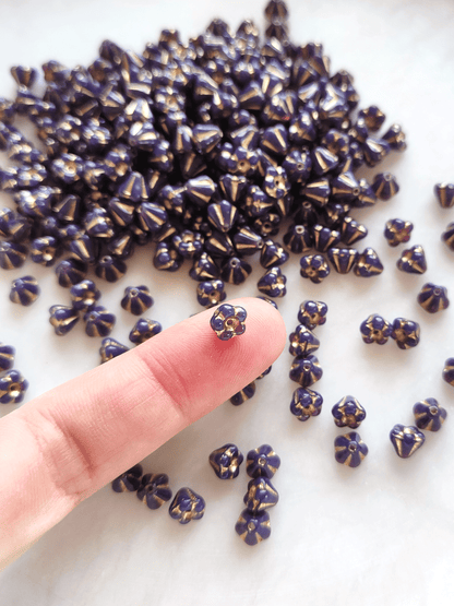 Bell flower beads 4x6mm - dark purple & gold
