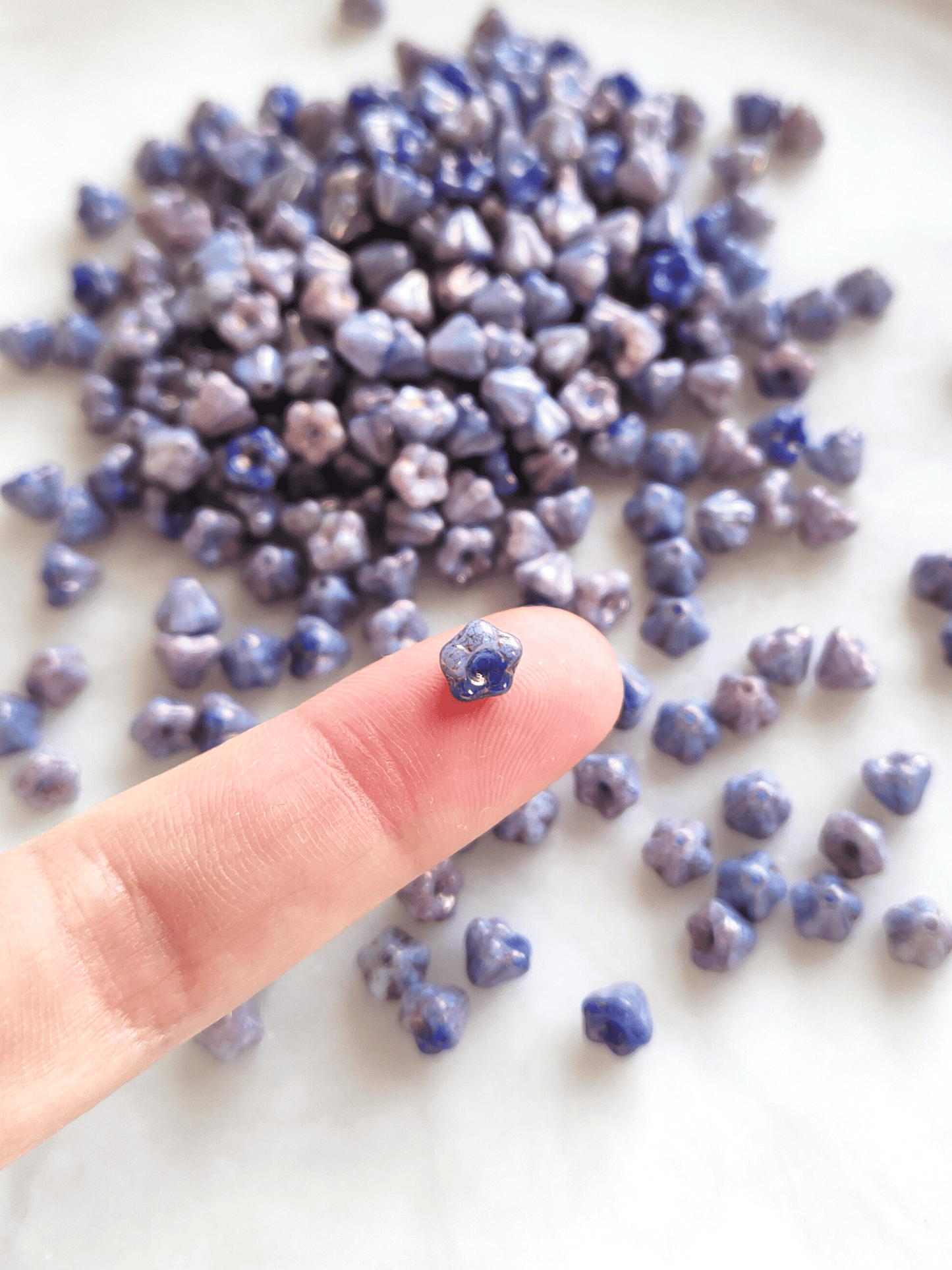 Bell flower beads 4x6mm - blue & purple luster