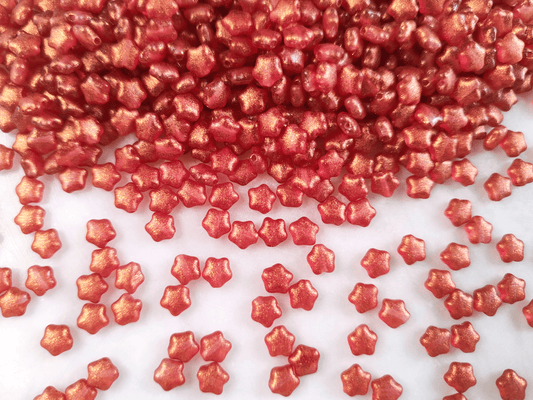 Star beads 6mm - tomato red & gold glitter