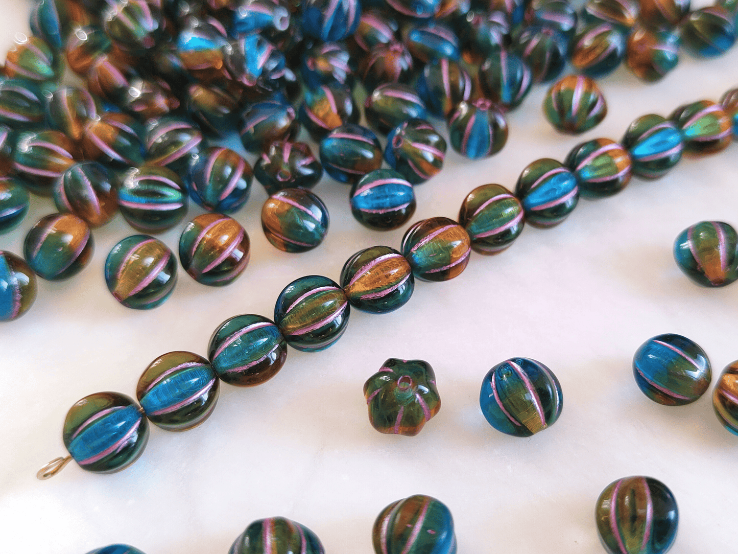 Melon beads 8mm - blue, orange & pink