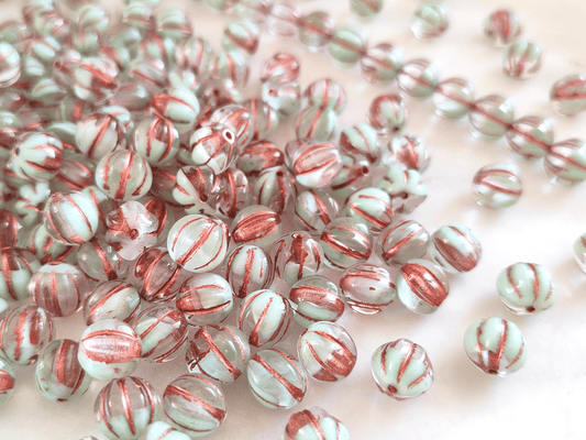 Melon beads 8mm - colorless, white & copper