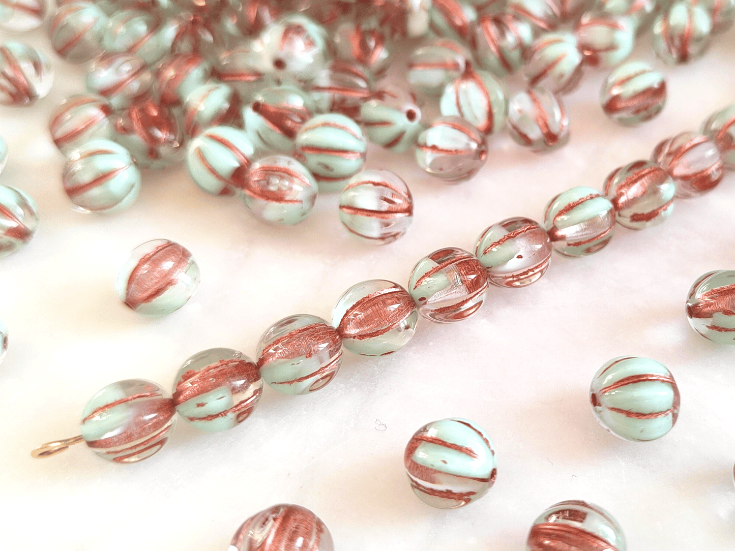 Melon beads 8mm - colorless, white & copper