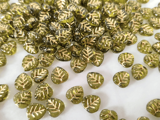 Linden leaf beads 9mm - grass green & gold