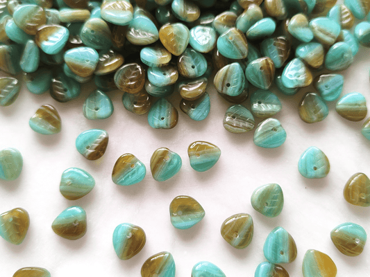 Linden leaf beads 9mm - light blue & brown