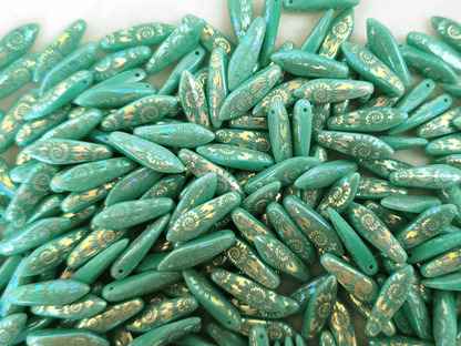 Dagger beads 5x16mm - turquoise & iris spiral motif