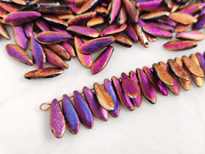 Dagger beads 5x16mm - yellow & purple etched