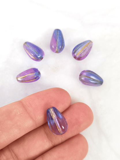 Melon drop beads 13x8mm - ombre blue & purple, gold