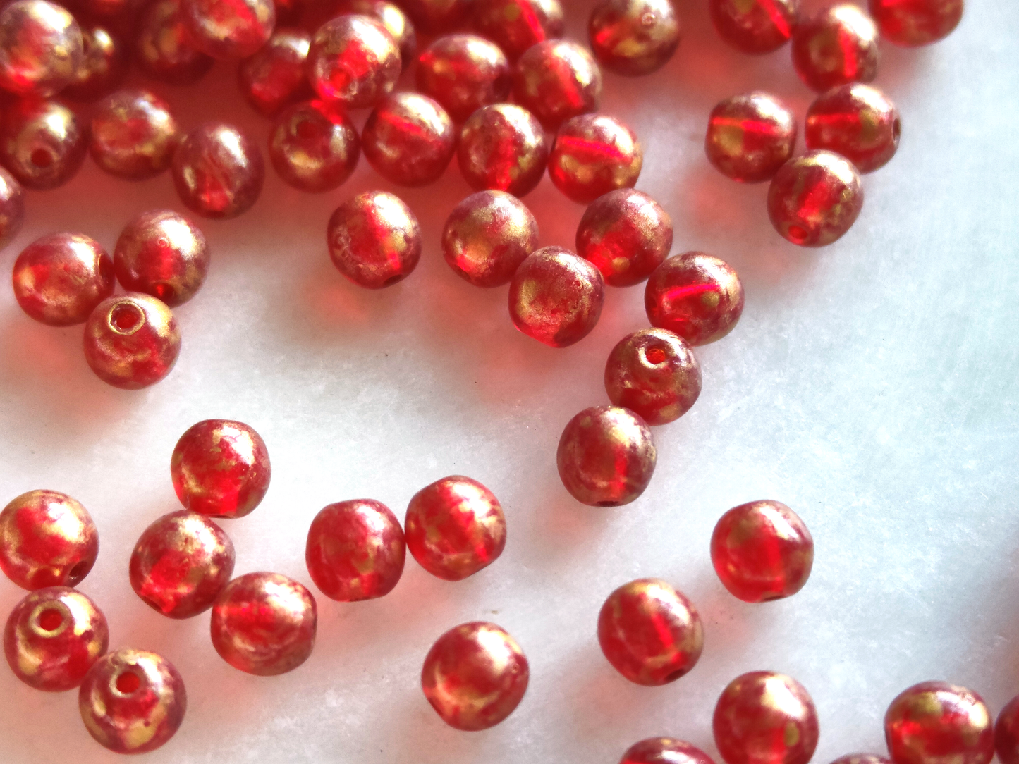 4mm round beads - red & gold