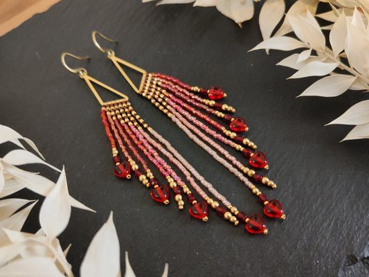 Fringe earrings "Zerah" with mirrored design - red & love hearts